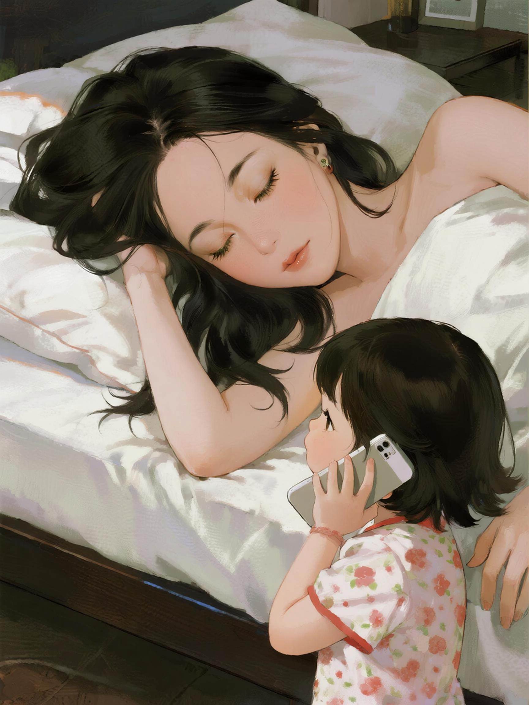 媽媽躺在床上睡著了